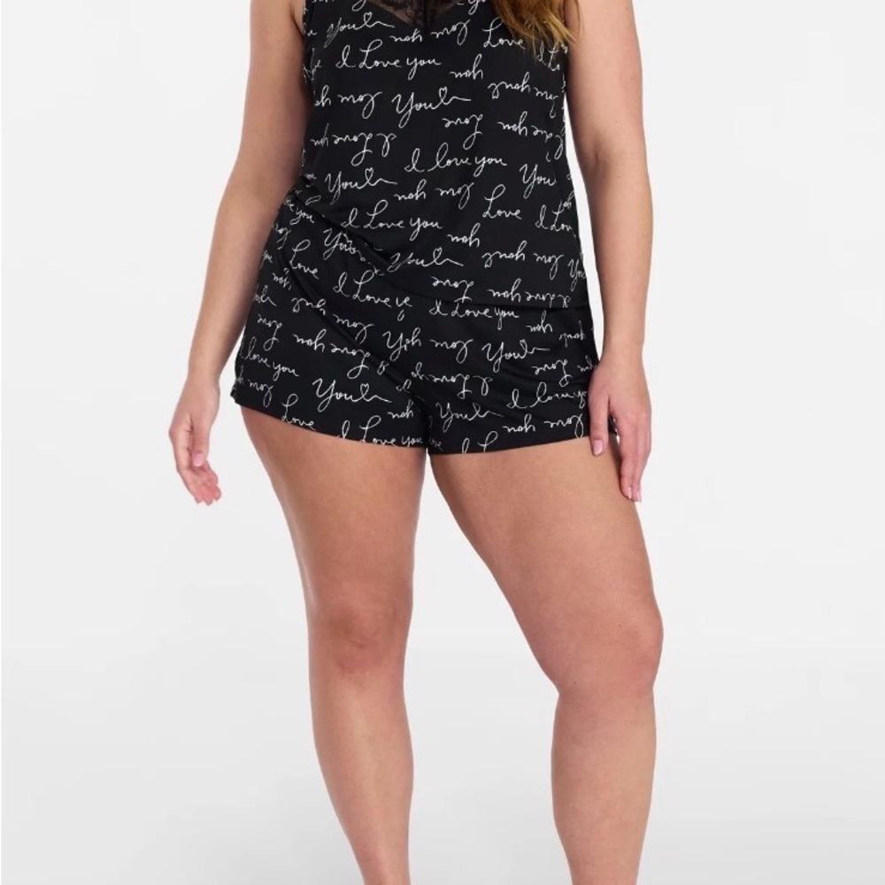 Womens Dreamy Soft Lace Trim knit Cami and short set with words words I Love You